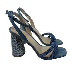 Sam Edelman Size 6 Blue Denim Kia Beads Sandals Woven Block Heel Ankle Strap